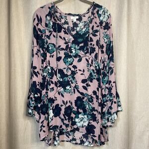 J. Jill Lavender Floral Flowy Top - V-neck - Bell Sleeve - Size XL - 100% Rayon